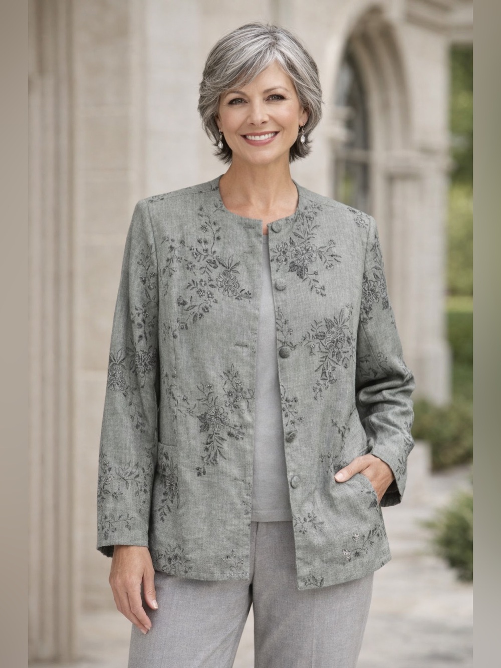 Alfred Dunner Petite Grey Floral Suit Jacket with patted shoulders size 8